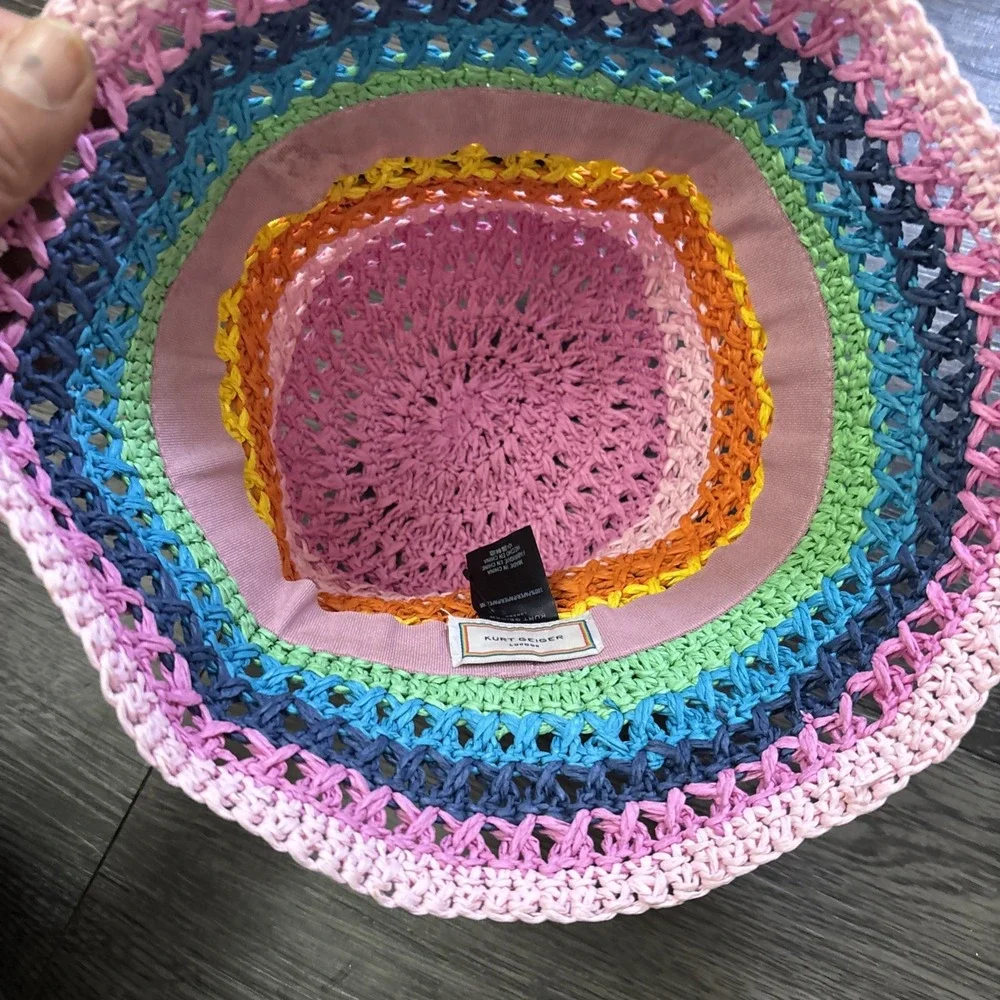 Kurt Geiger London Straw Bucket Hat Multicolor Crochet Scalloped Sun Hat